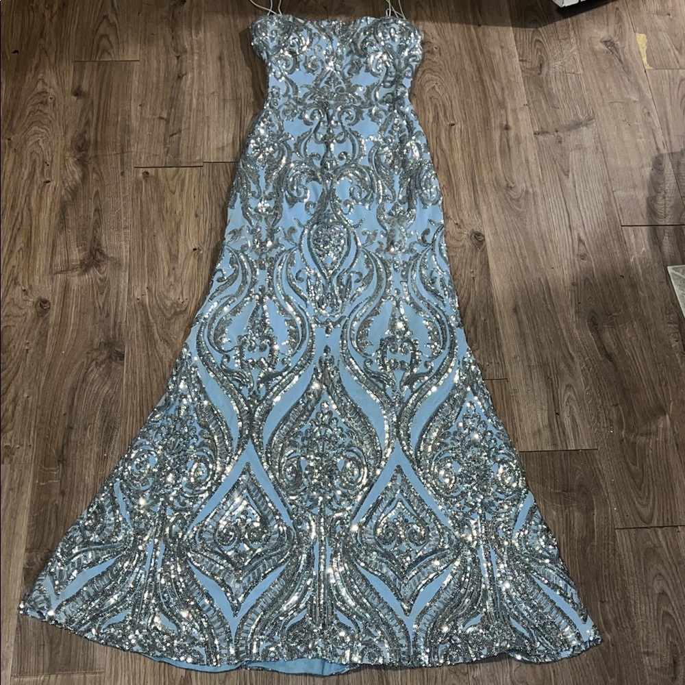 Windsor Light Blue Sequin Strapless Maxi Gown